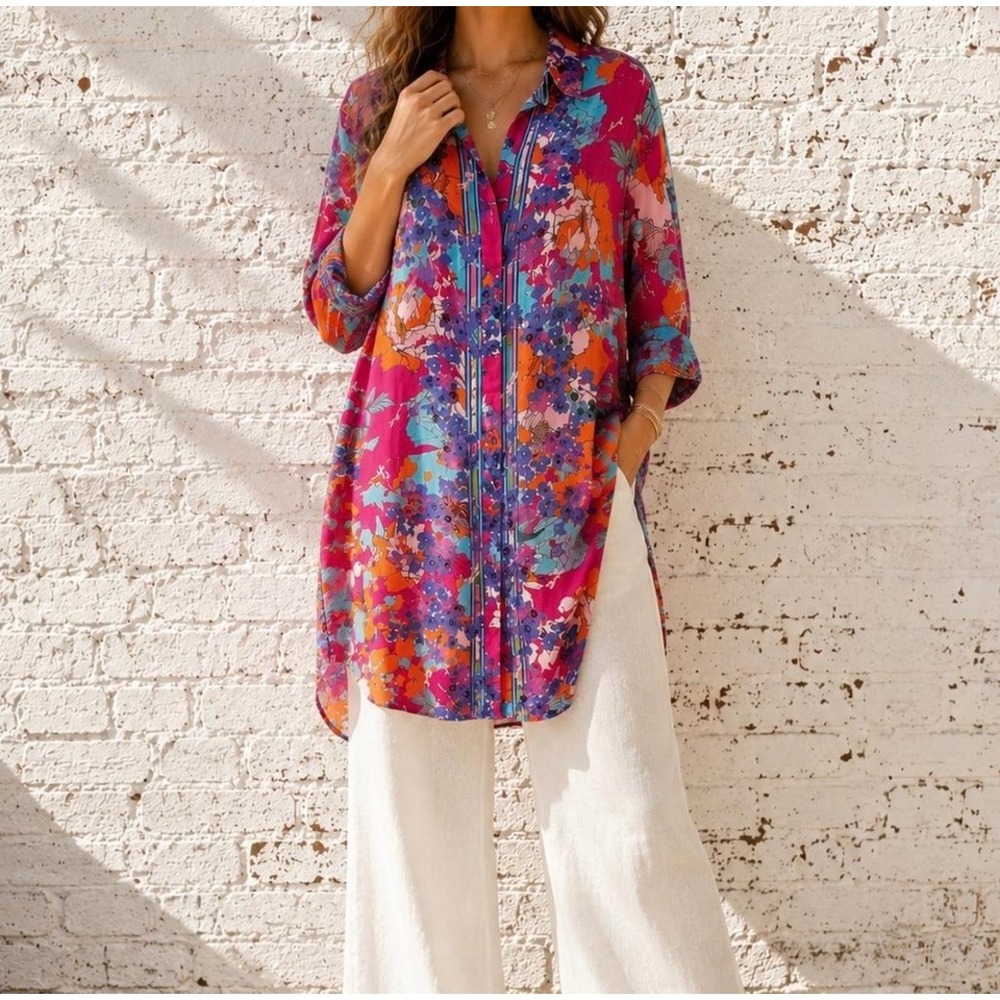 Soft Surroundings Garden Path Shirt Dress Tunic Top 1X Floral Longline Shirt